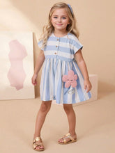 1pc Young Girl Cute Floral Embroidered Blue & White Striped Princess Dress